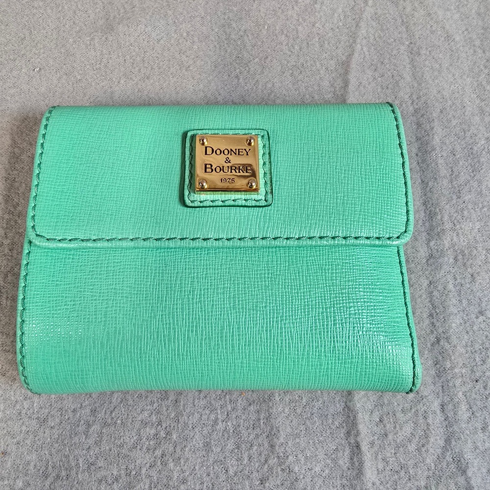 Dooney & Bourke‎ Mint Green Saffiano Leather Trifold Wallet Gold Logo Plaque